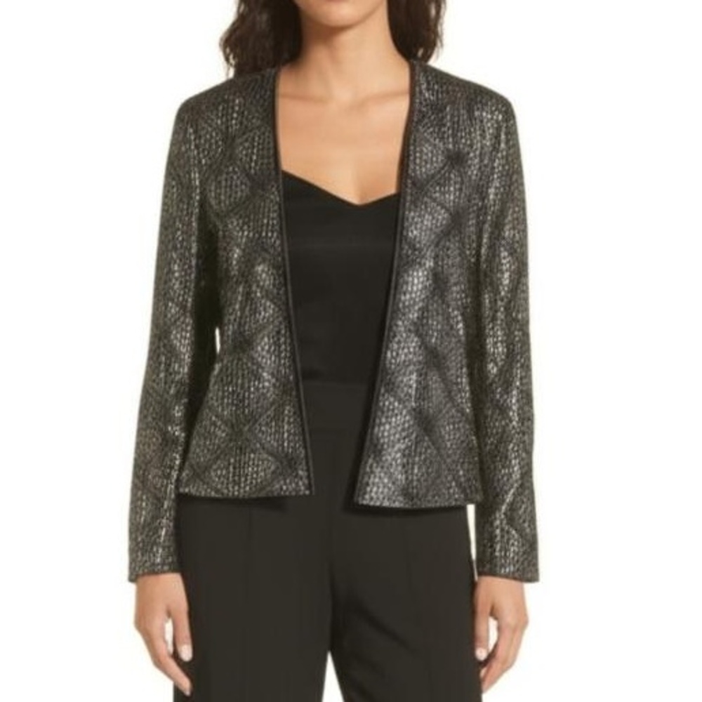 Alex Evenings Evening Jacket Petite Small Black Silver Glitter Open Front Sparkl